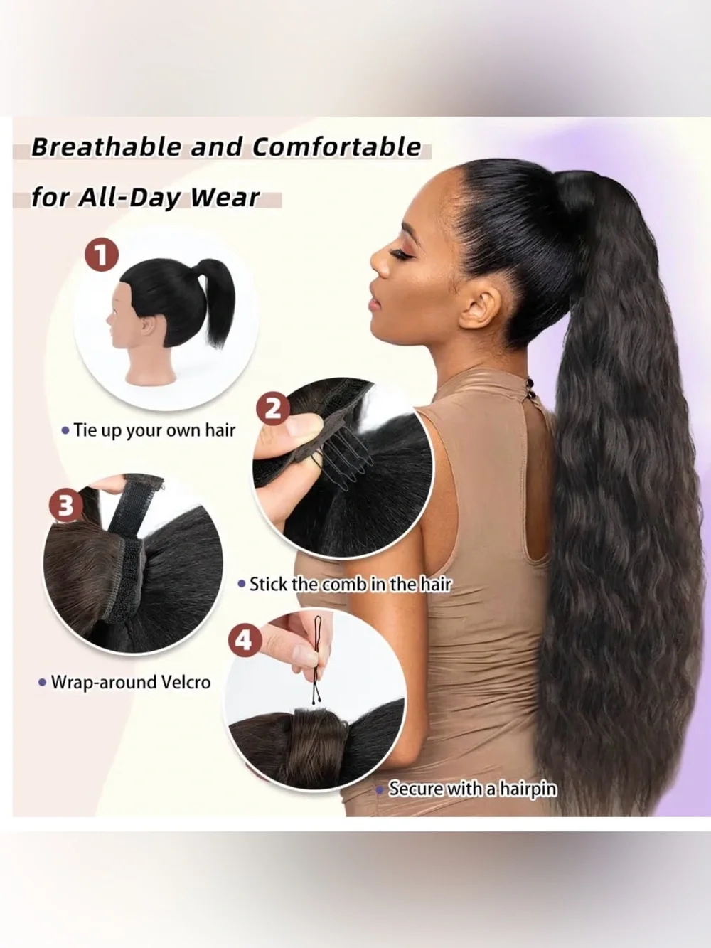 22” Dark Brown #2 Long Wavy Ponytail Extension Human Hair #028